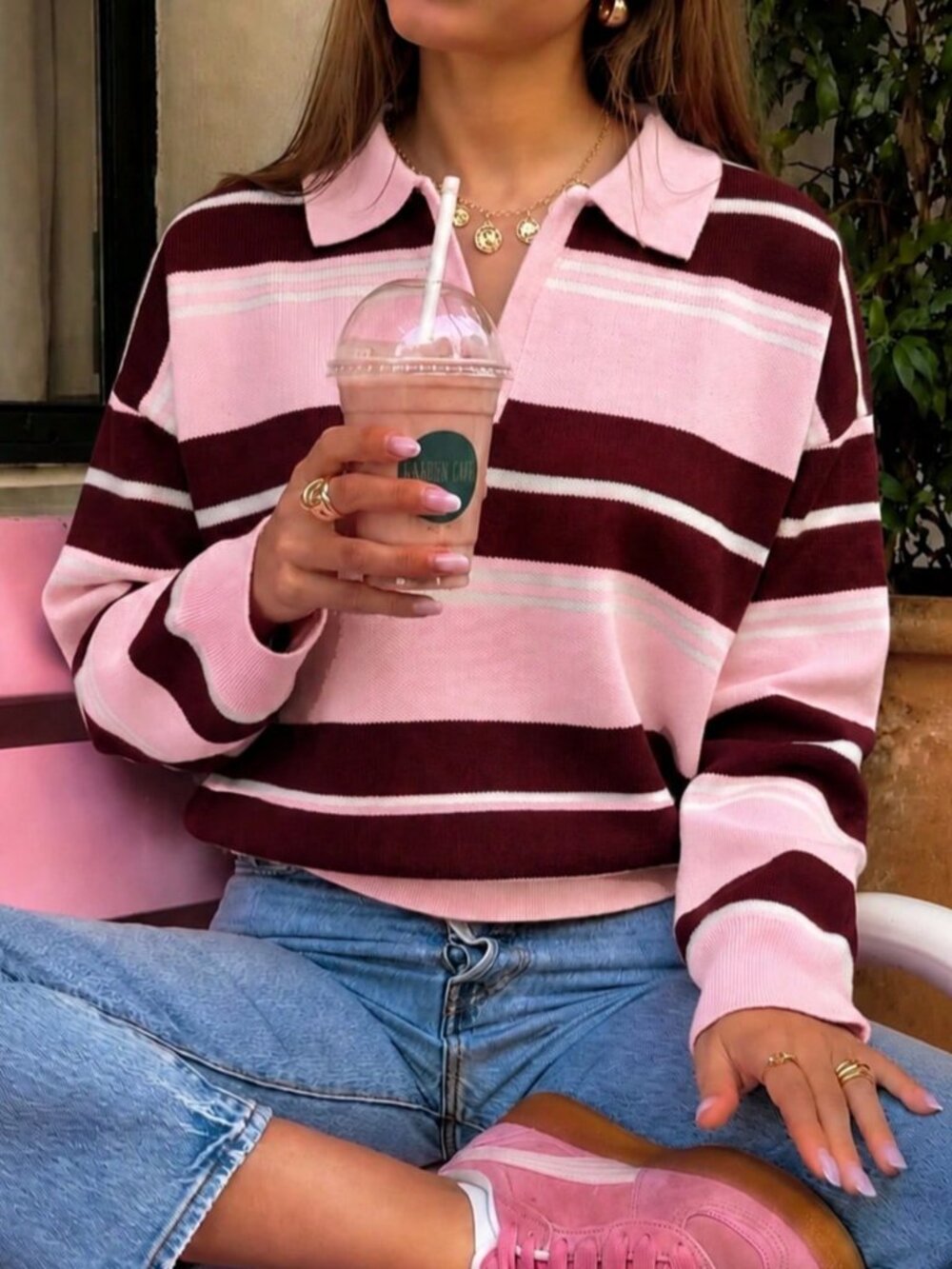 Pink Wine Red Striped Casual Women's Loose Collar Pullovers